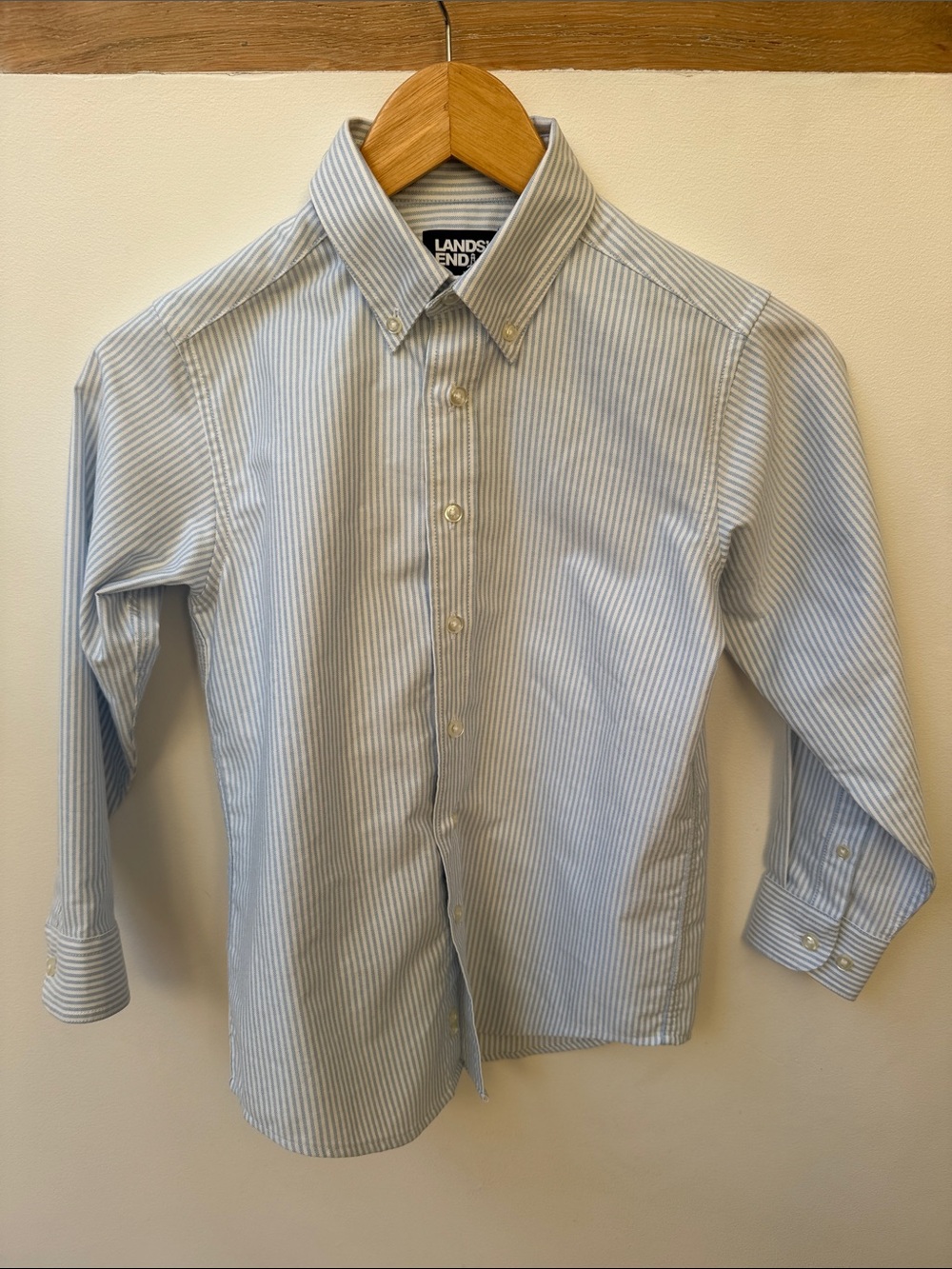 Lands' End Light Blue and White Striped Button-Down Dress Shirt